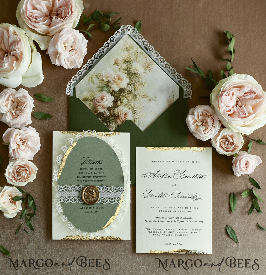 WEDDING INVITATIONS vintage lace/ rustic lace ivory lace Personalized Golden Wedding invitations Vintage Lace Invites golden