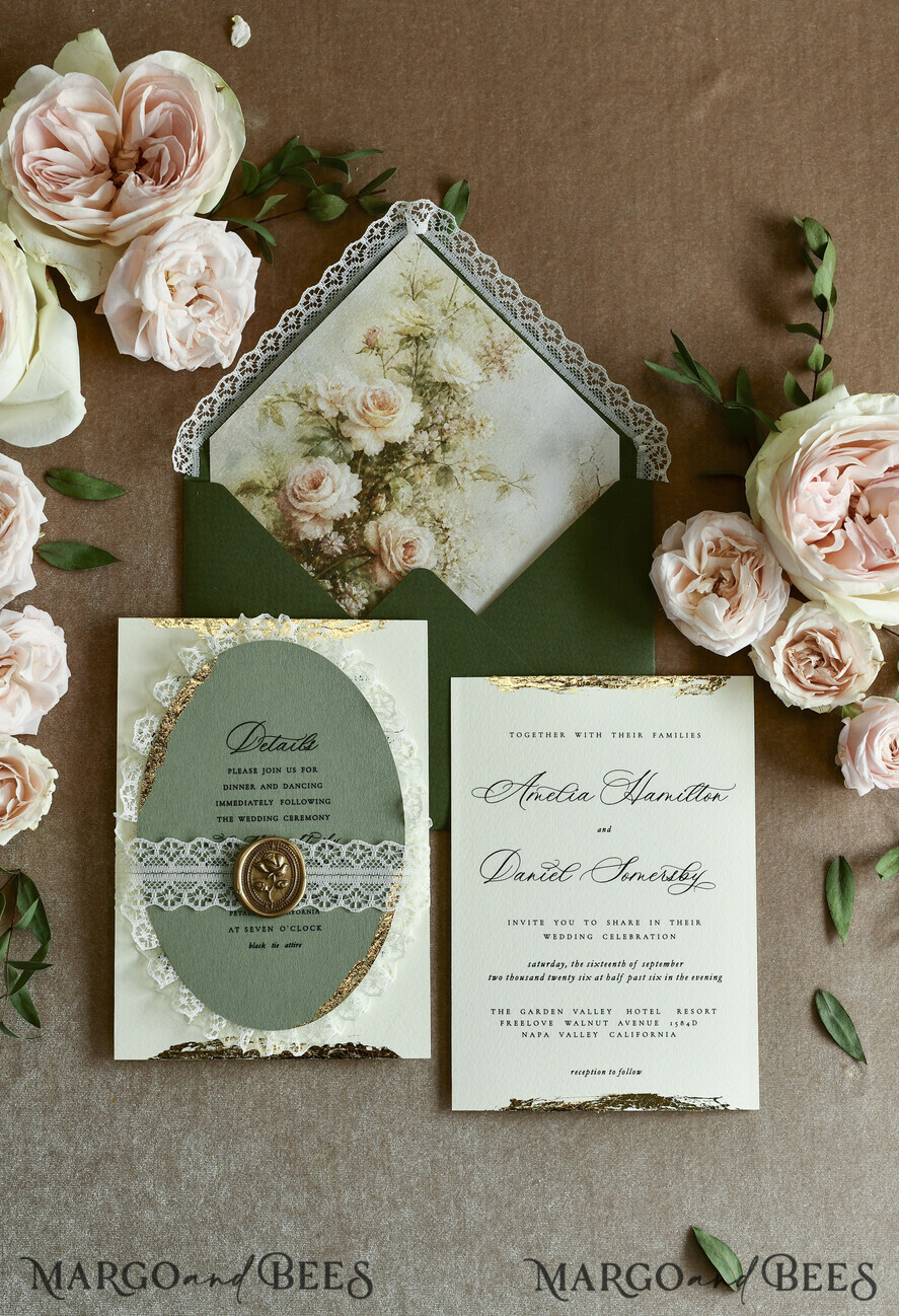 WEDDING INVITATIONS vintage lace/ rustic lace ivory lace Personalized Golden Wedding invitations Vintage Lace Invites golden