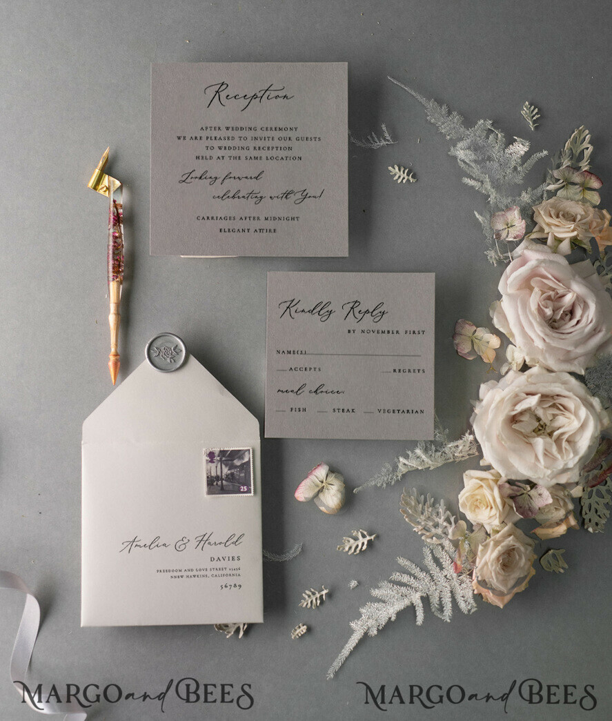 WEDDING INVITATIONS vintage lace/ rustic lace Vintage Lace  Wedding Invitations Elegant Grey Ivory ribbon and Bow 