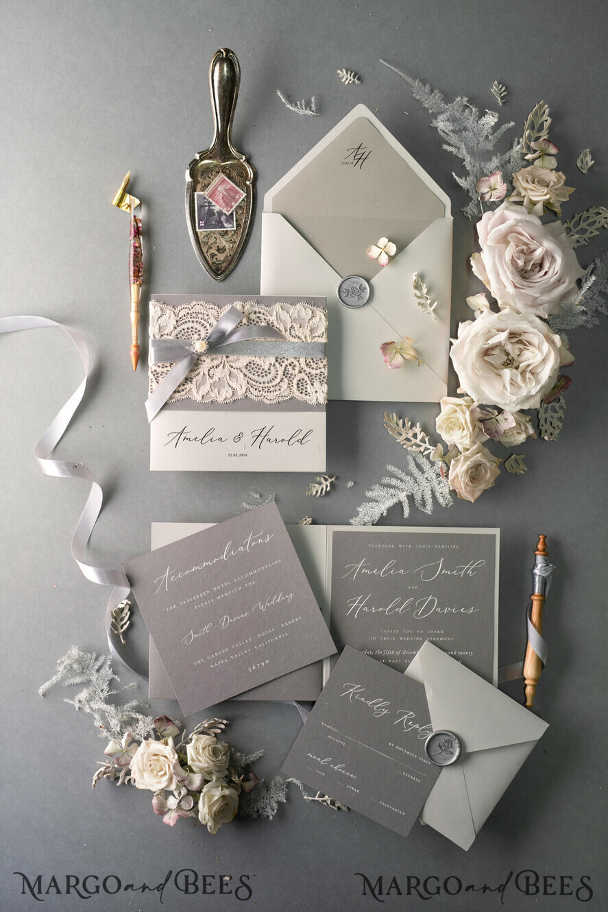 WEDDING INVITATIONS vintage lace/ rustic lace Vintage Lace  Wedding Invitations Elegant Grey Ivory ribbon and Bow 