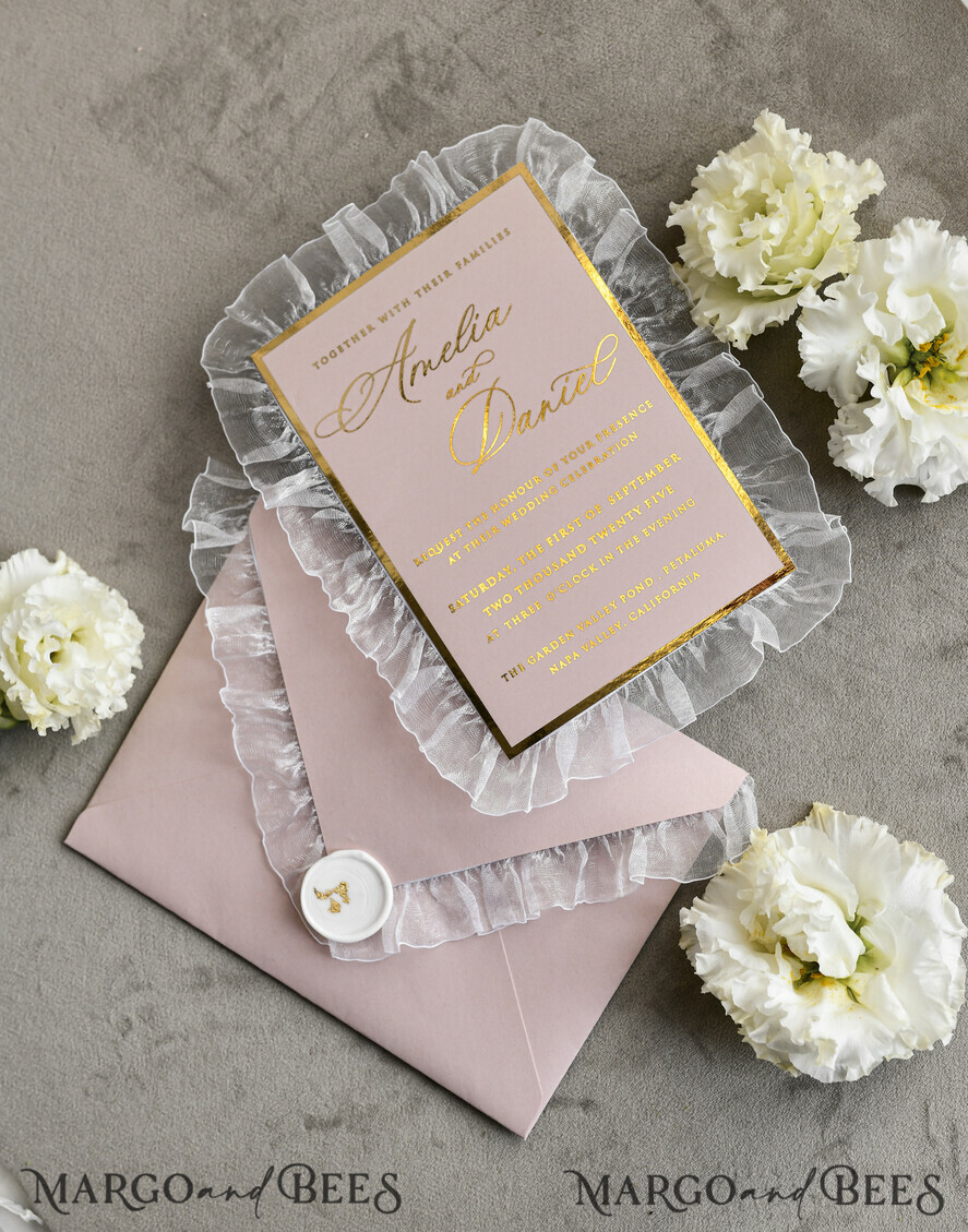 WEDDING INVITATIONS vintage lace/ rustic lace Personalized Golden Wedding invitations Vintage Lace Invites Ivory