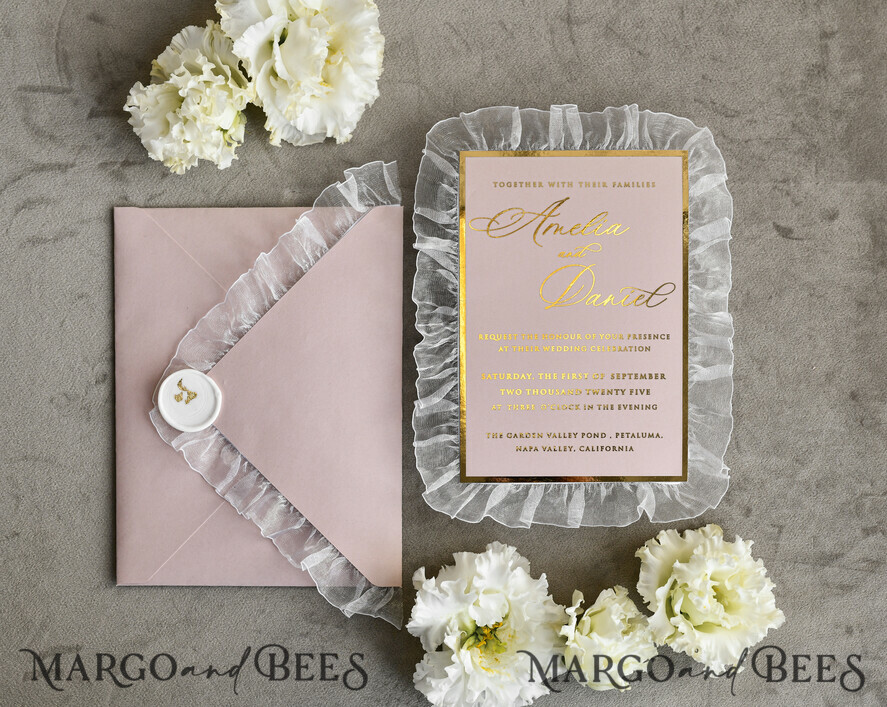 WEDDING INVITATIONS vintage lace/ rustic lace Personalized Golden Wedding invitations Vintage Lace Invites Ivory
