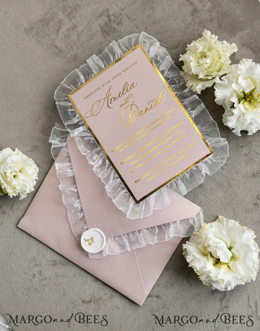 WEDDING INVITATIONS vintage lace/ rustic lace Personalized Golden Wedding invitations Vintage Lace Invites Ivory