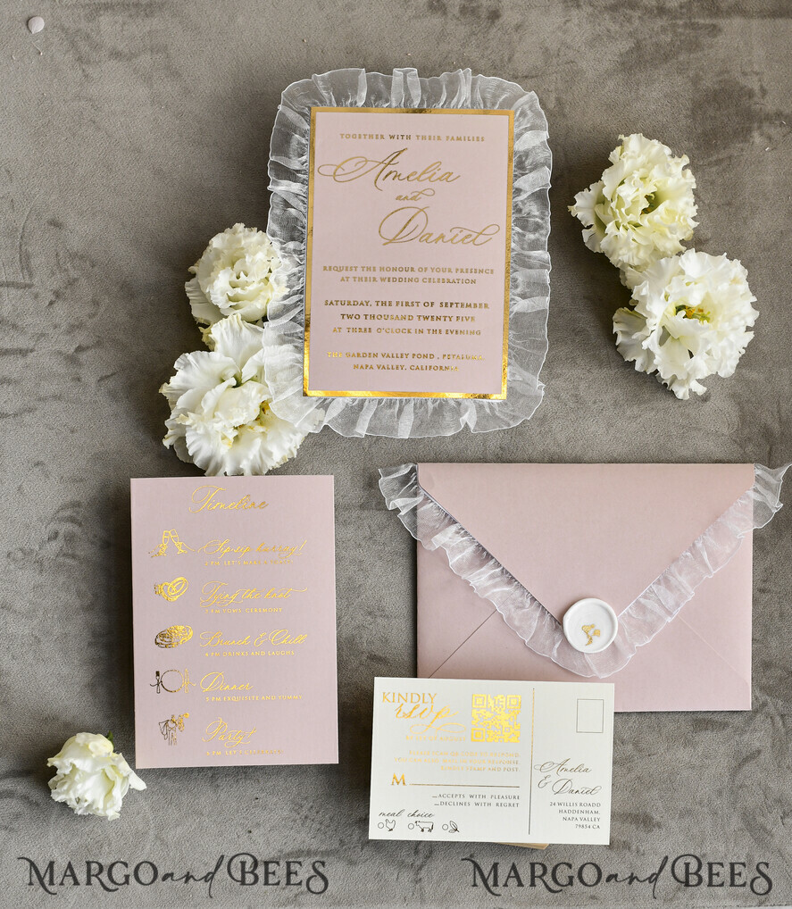 WEDDING INVITATIONS vintage lace/ rustic lace Personalized Golden Wedding invitations Vintage Lace Invites Ivory