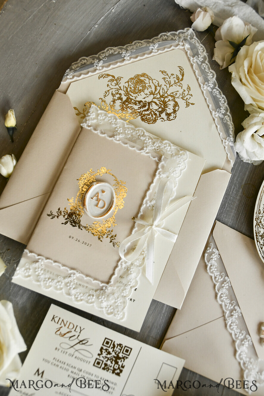 WEDDING INVITATIONS vintage lace/ rustic lace Personalized Golden Wedding invitations Vintage Lace wedding Cards