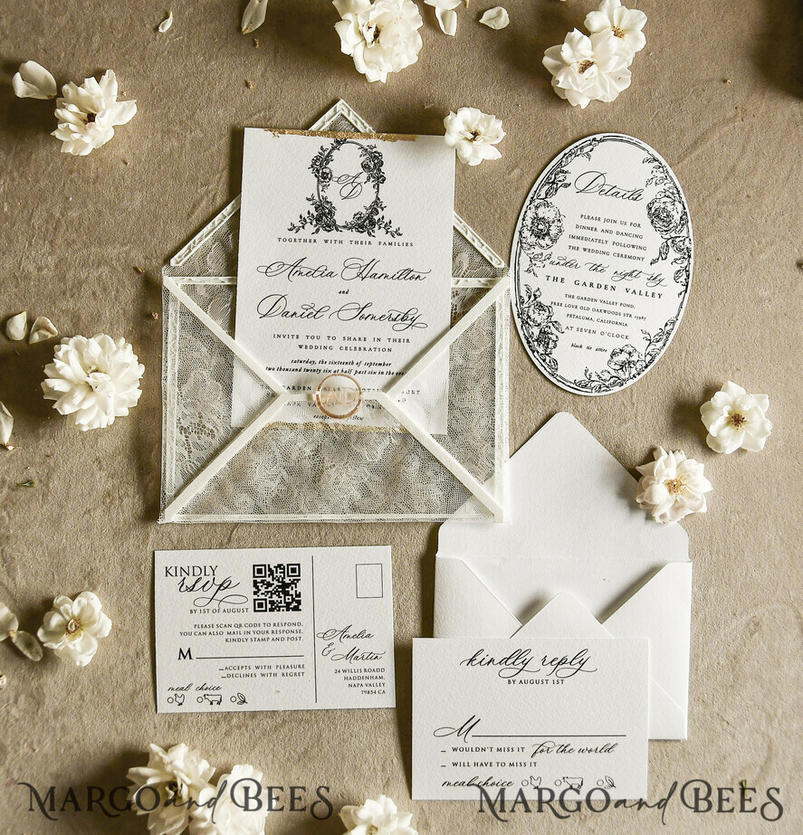 WEDDING INVITATIONS vintage lace/ rustic lace Luxury French Lace Wedding Invitations with Double Envelope | Elegant Black & Ivory Wedding Invitation Suite