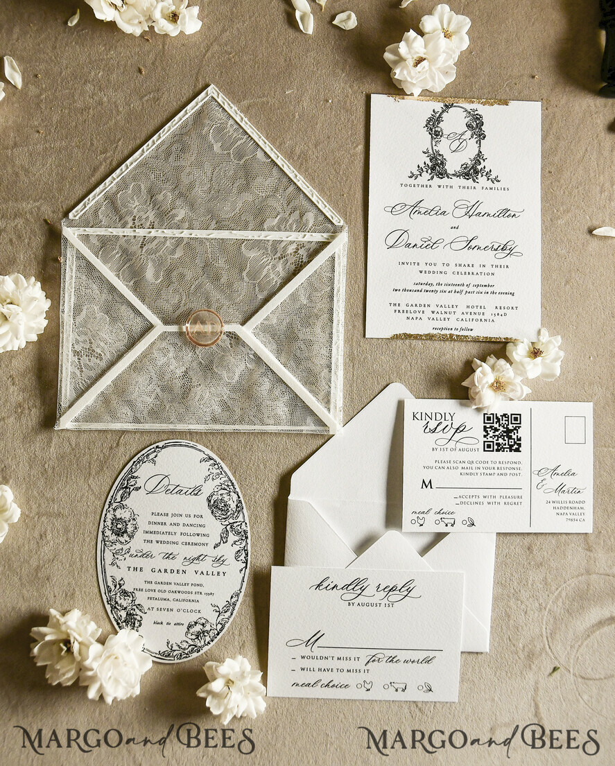 WEDDING INVITATIONS vintage lace/ rustic lace Luxury French Lace Wedding Invitations with Double Envelope | Elegant Black & Ivory Wedding Invitation Suite