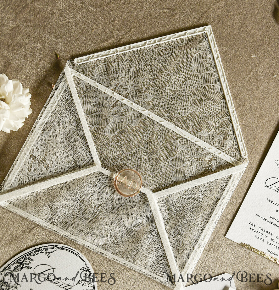 WEDDING INVITATIONS vintage lace/ rustic lace Luxury French Lace Wedding Invitations with Double Envelope | Elegant Black & Ivory Wedding Invitation Suite