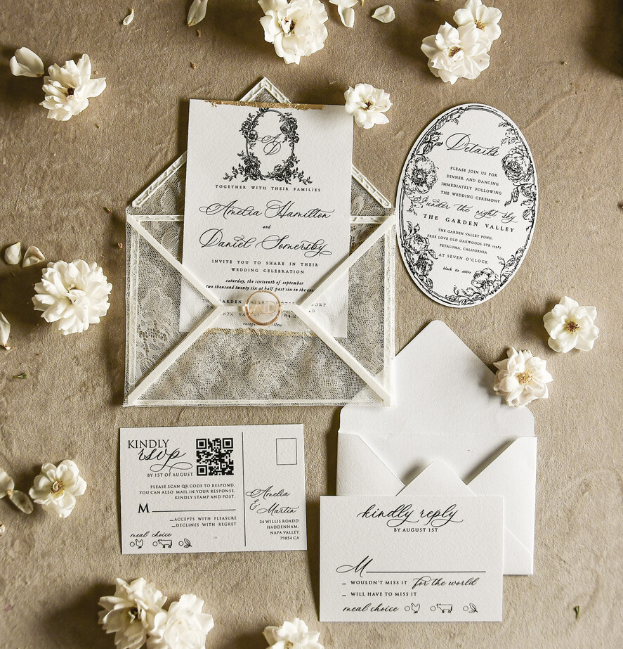 WEDDING INVITATIONS vintage lace/ rustic lace Luxury French Lace Wedding Invitations Elegant Ivory  baroque Wedding Invitation Suite