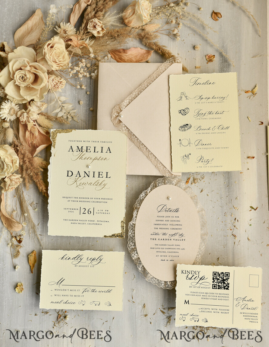 WEDDING INVITATIONS vintage lace/ rustic lace luxury wedding invitations in a warm beige and nude color palette
