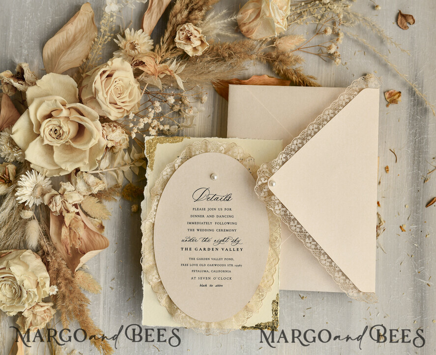 WEDDING INVITATIONS vintage lace/ rustic lace luxury wedding invitations in a warm beige and nude color palette