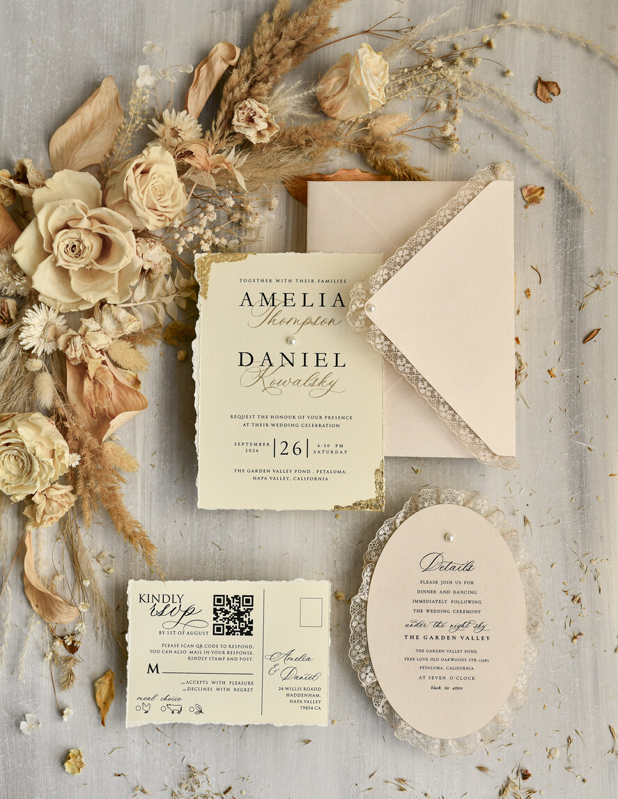WEDDING INVITATIONS vintage lace/ rustic lace luxury wedding invitations in a warm beige and nude color palette