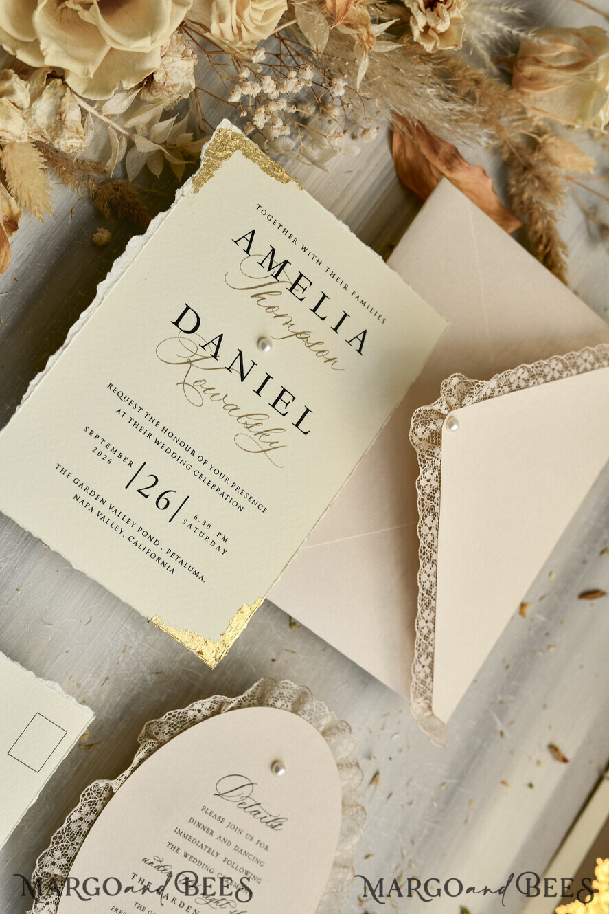 WEDDING INVITATIONS vintage lace/ rustic lace luxury wedding invitations in a warm beige and nude color palette