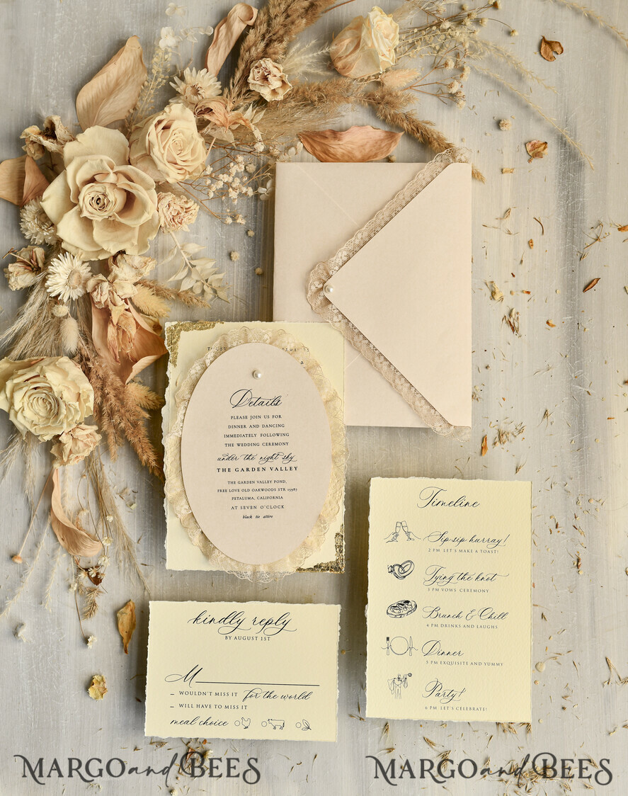 WEDDING INVITATIONS vintage lace/ rustic lace luxury wedding invitations in a warm beige and nude color palette