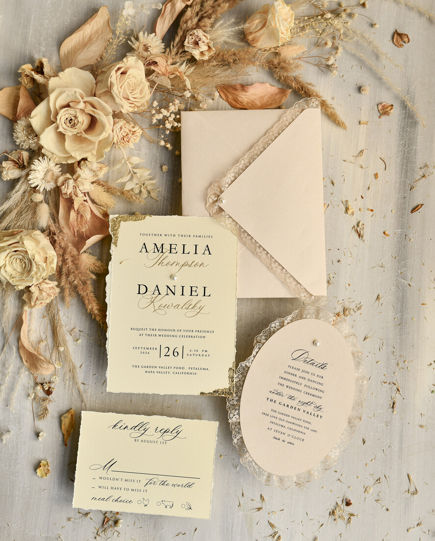 WEDDING INVITATIONS vintage lace/ rustic lace luxury wedding invitations in a warm beige and nude color palette