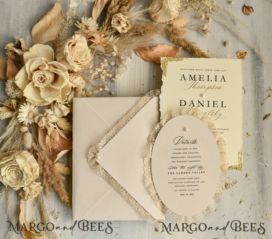 WEDDING INVITATIONS vintage lace/ rustic lace luxury wedding invitations in a warm beige and nude color palette