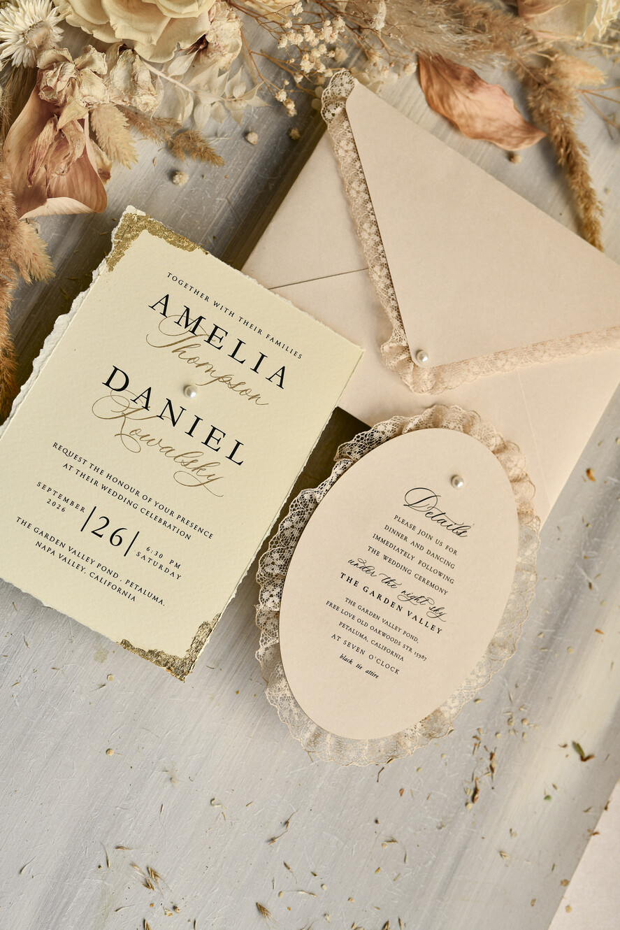 WEDDING INVITATIONS vintage lace/ rustic lace luxury wedding invitations in a warm beige and nude color palette