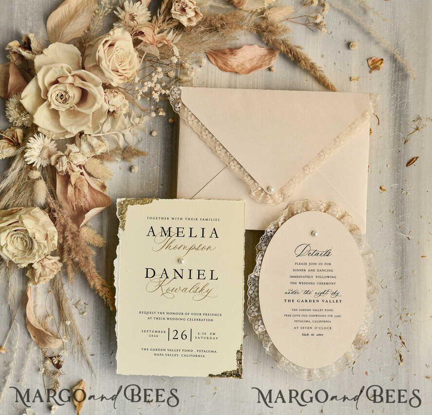 WEDDING INVITATIONS vintage lace/ rustic lace luxury wedding invitations in a warm beige and nude color palette