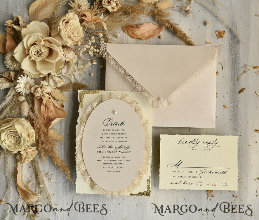 WEDDING INVITATIONS vintage lace/ rustic lace luxury wedding invitations in a warm beige and nude color palette
