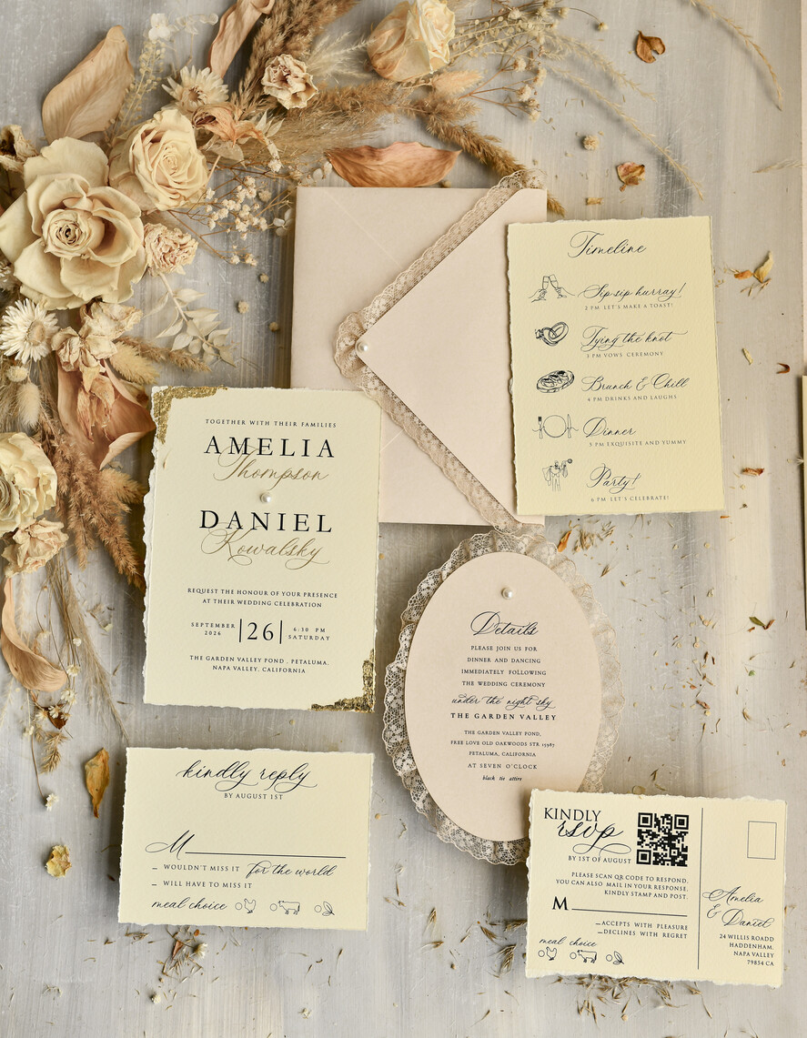 WEDDING INVITATIONS vintage lace/ rustic lace luxury wedding invitations in a warm beige and nude color palette