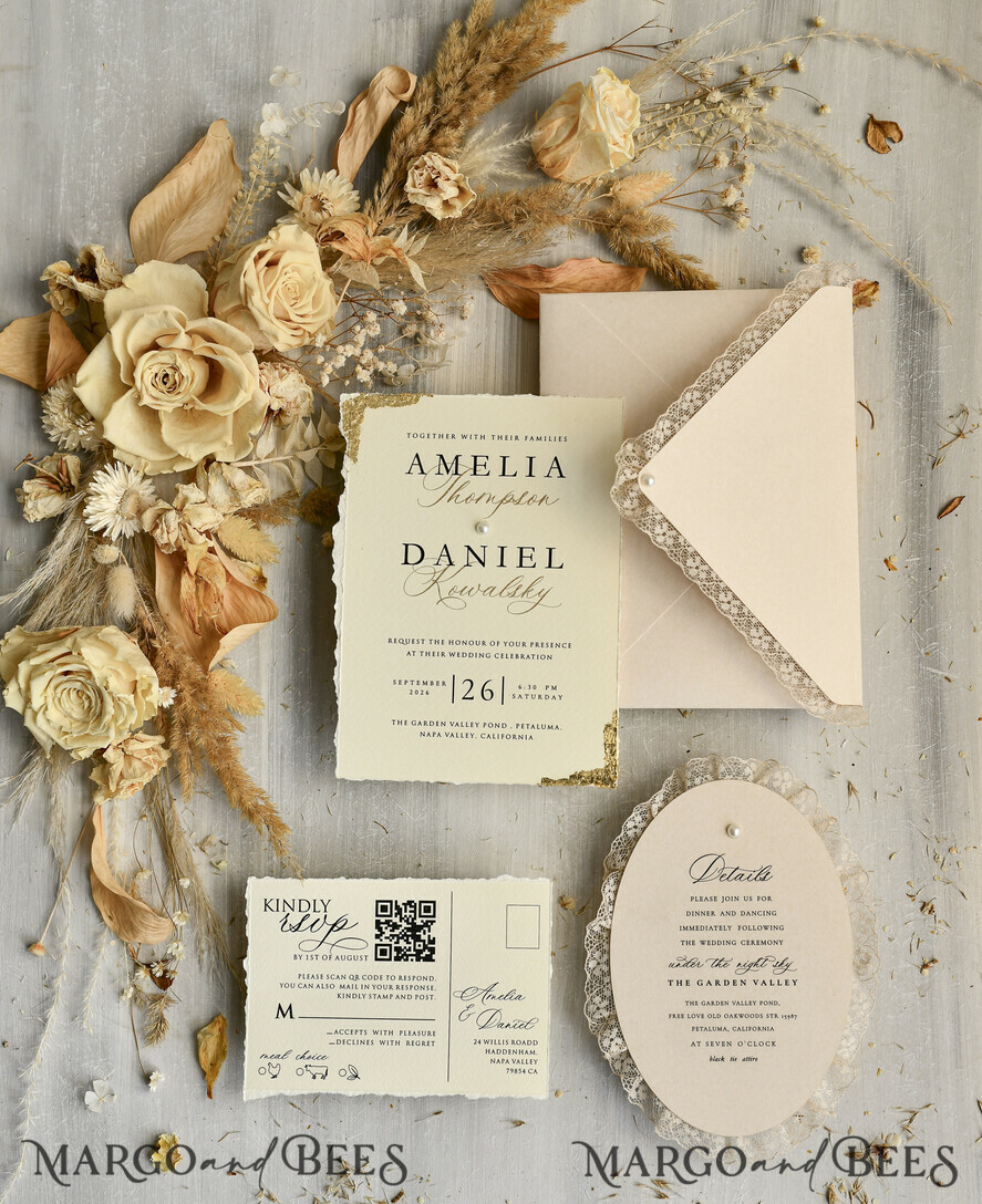 WEDDING INVITATIONS vintage lace/ rustic lace luxury wedding invitations in a warm beige and nude color palette