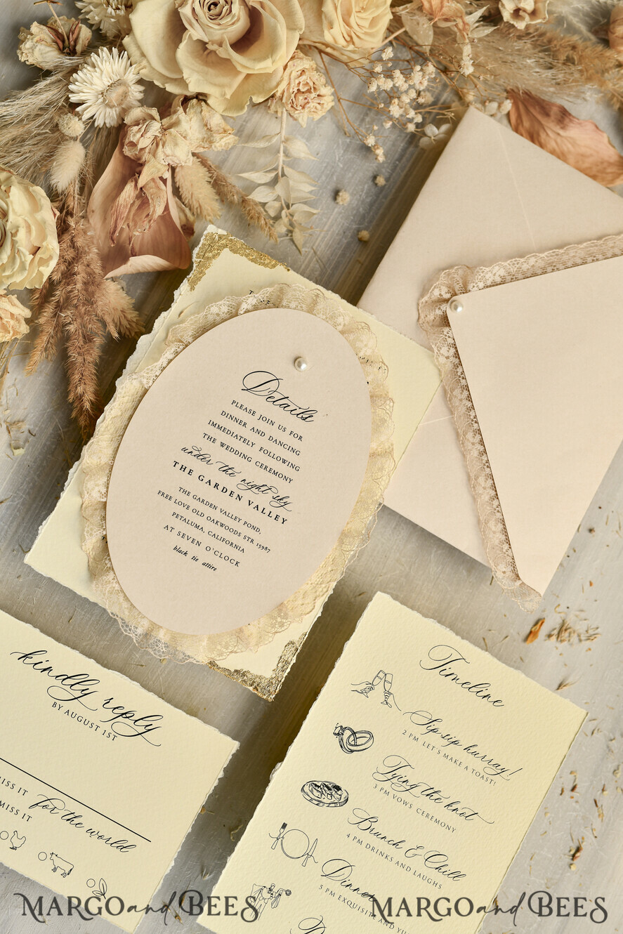 WEDDING INVITATIONS vintage lace/ rustic lace luxury wedding invitations in a warm beige and nude color palette