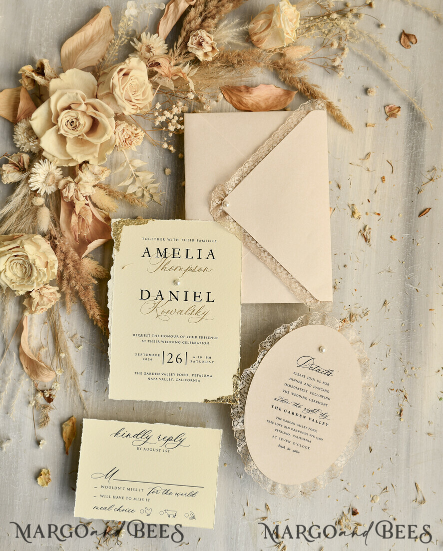 WEDDING INVITATIONS vintage lace/ rustic lace luxury wedding invitations in a warm beige and nude color palette