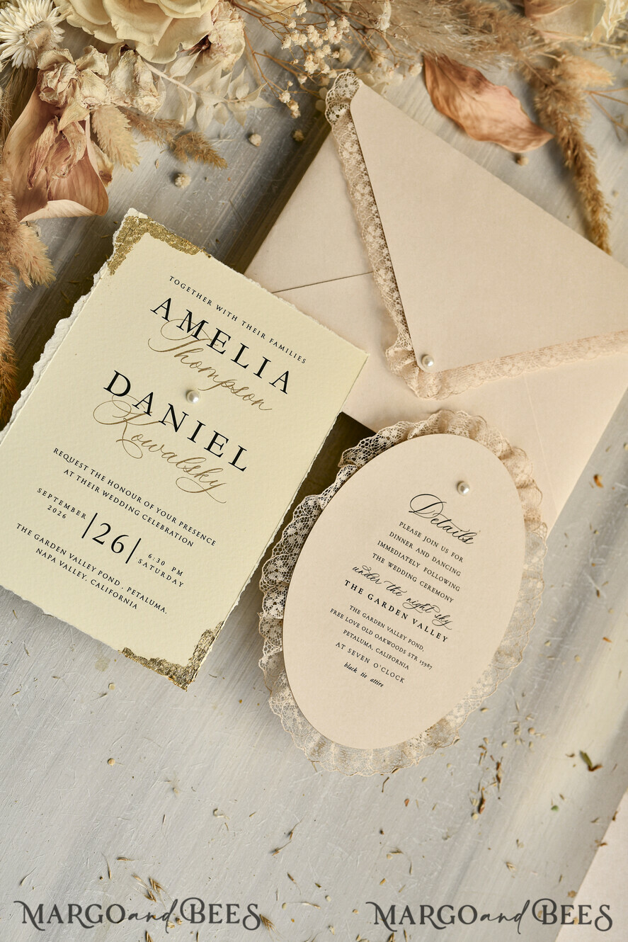 WEDDING INVITATIONS vintage lace/ rustic lace luxury wedding invitations in a warm beige and nude color palette