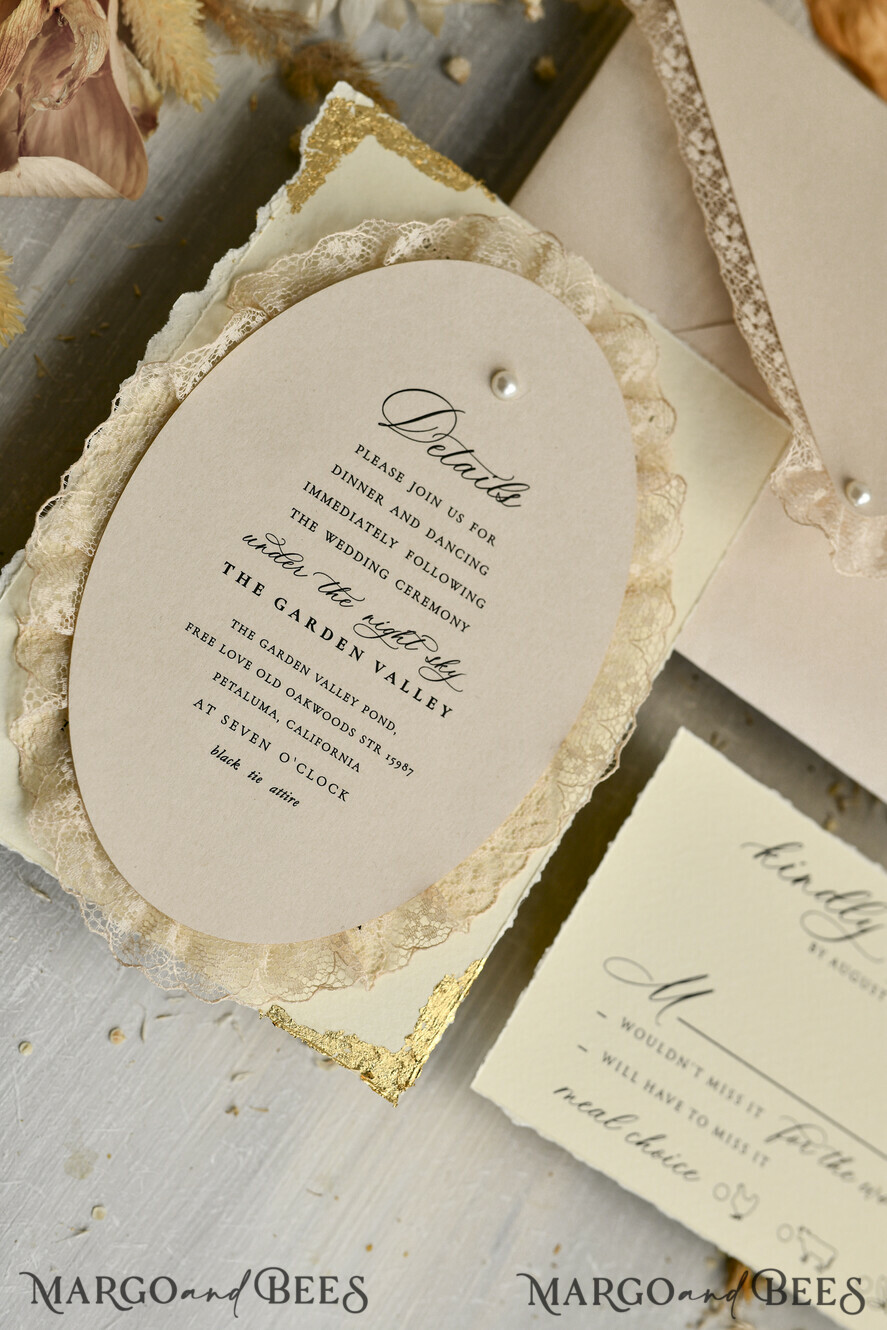 WEDDING INVITATIONS vintage lace/ rustic lace luxury wedding invitations in a warm beige and nude color palette