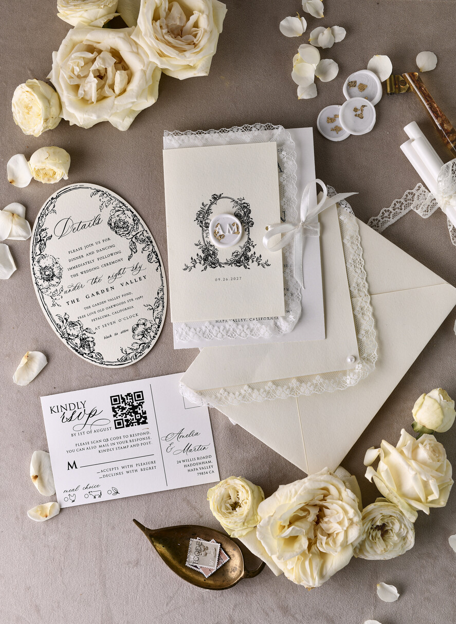 WEDDING INVITATIONS vintage lace/ rustic lace Personalized Golden Wedding invitations Vintage Lace Invites Ivory