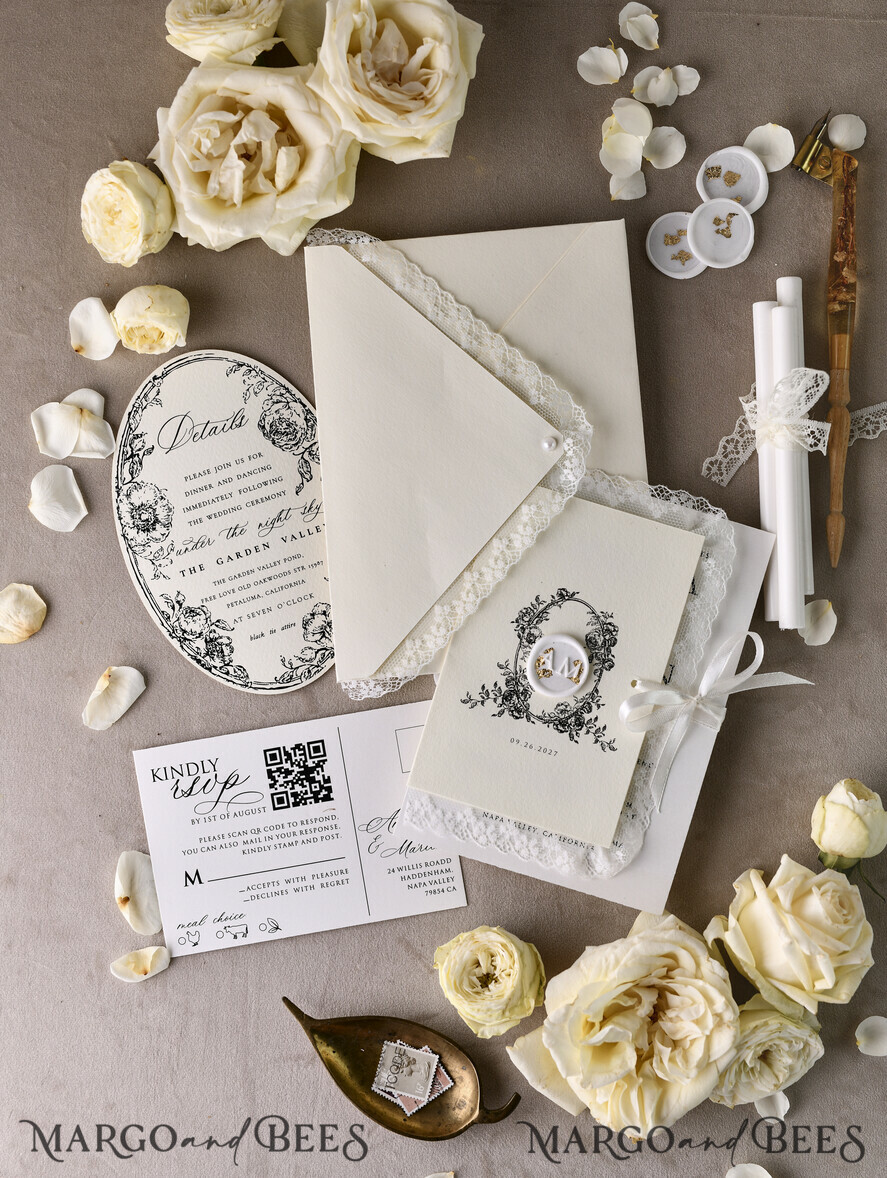 WEDDING INVITATIONS vintage lace/ rustic lace Personalized Golden Wedding invitations Vintage Lace Invites Ivory