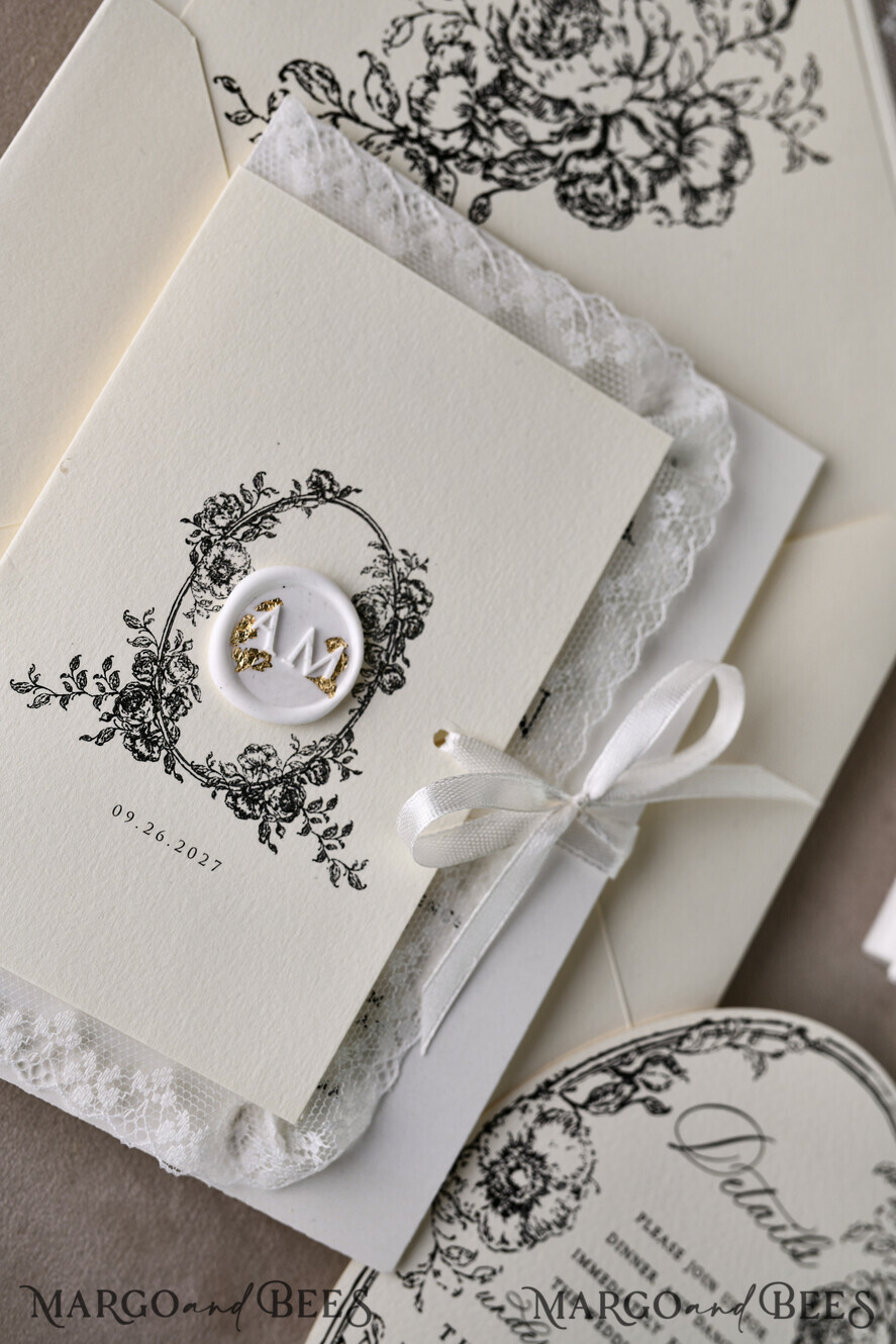 WEDDING INVITATIONS vintage lace/ rustic lace Personalized Golden Wedding invitations Vintage Lace Invites Ivory