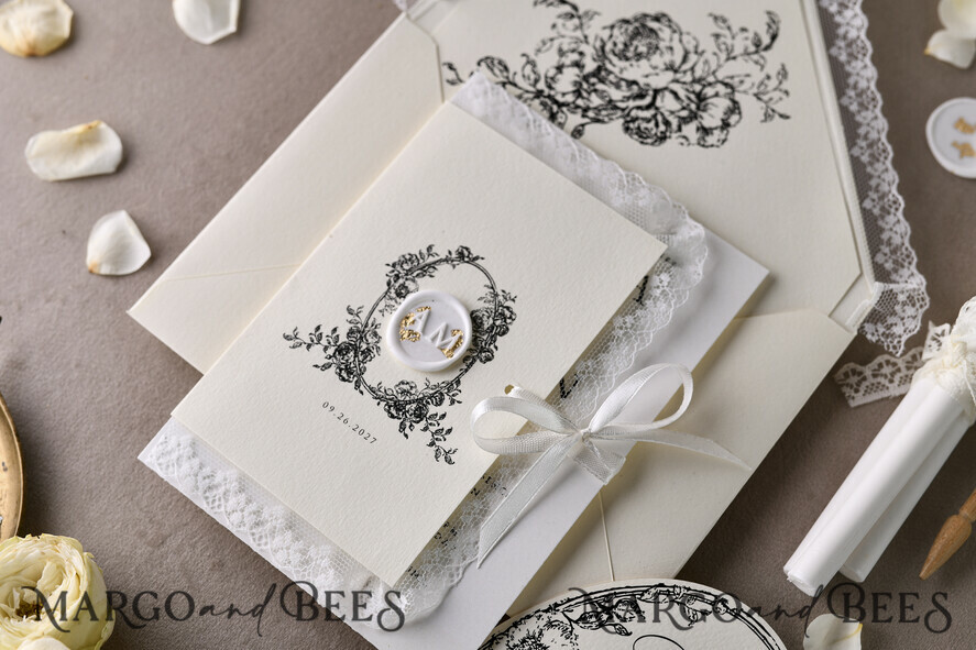 WEDDING INVITATIONS vintage lace/ rustic lace Personalized Golden Wedding invitations Vintage Lace Invites Ivory