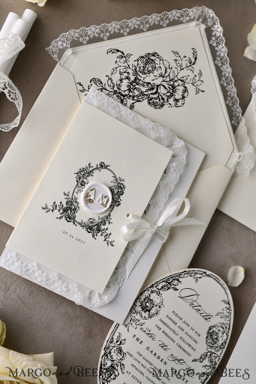 WEDDING INVITATIONS vintage lace/ rustic lace Personalized Golden Wedding invitations Vintage Lace Invites Ivory