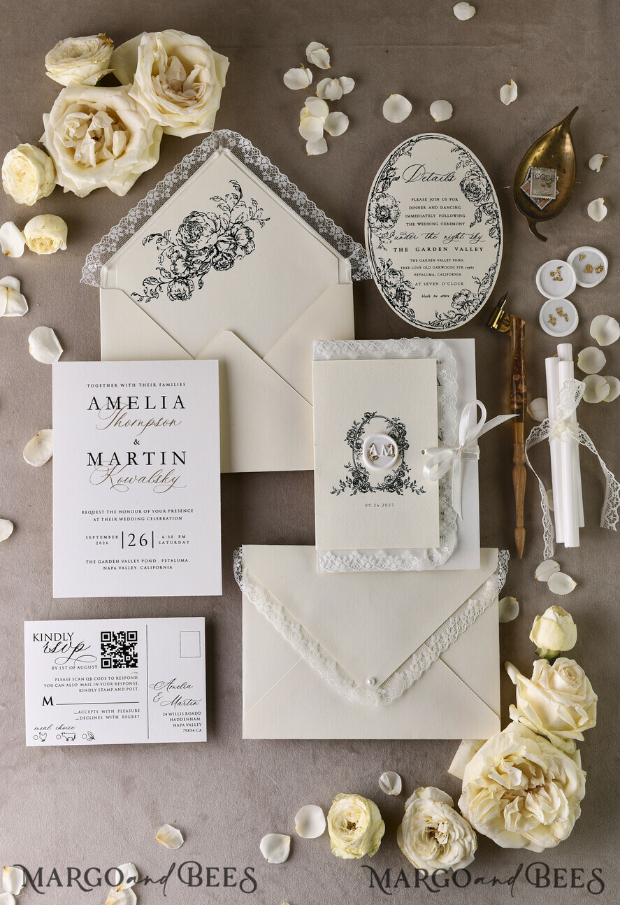 WEDDING INVITATIONS vintage lace/ rustic lace Personalized Golden Wedding invitations Vintage Lace Invites Ivory