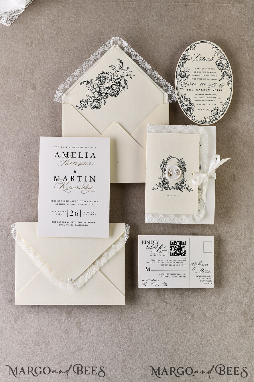WEDDING INVITATIONS vintage lace/ rustic lace Personalized Golden Wedding invitations Vintage Lace Invites Ivory