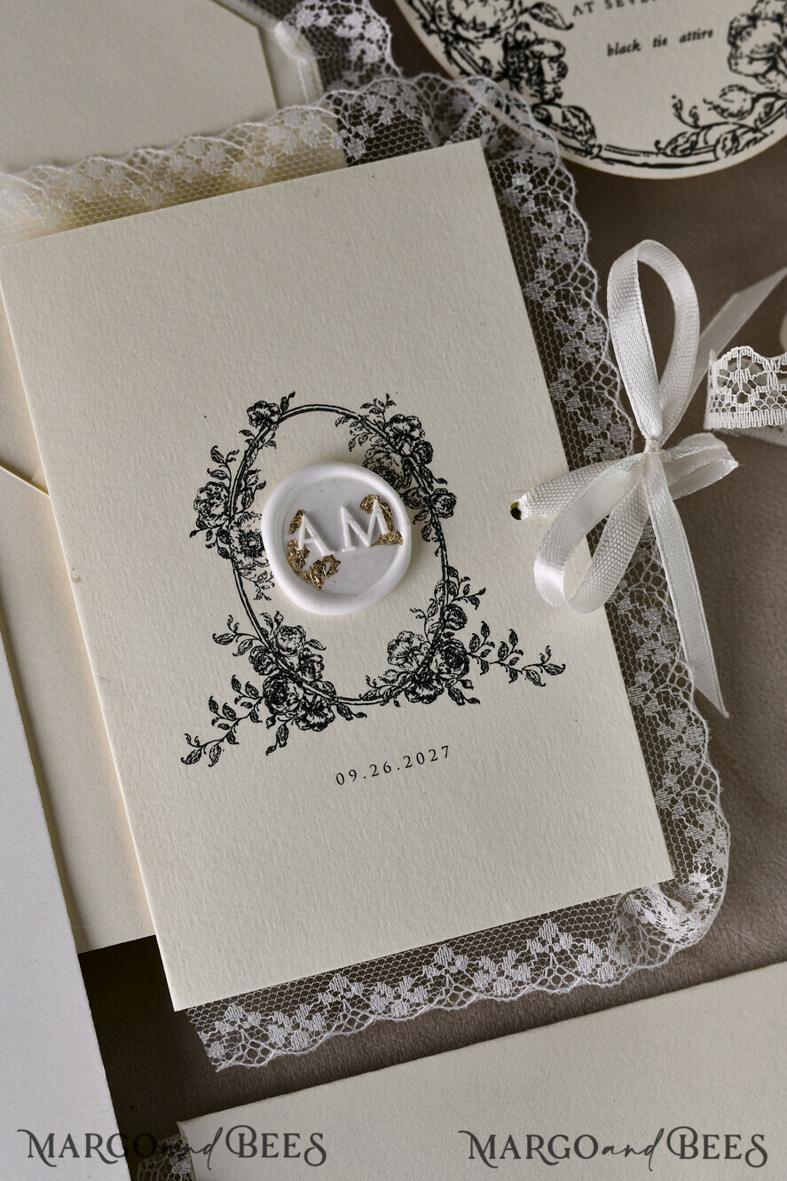 WEDDING INVITATIONS vintage lace/ rustic lace Personalized Golden Wedding invitations Vintage Lace Invites Ivory