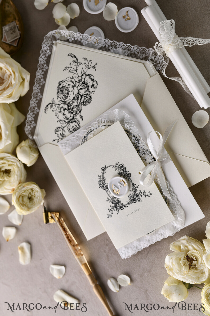 WEDDING INVITATIONS vintage lace/ rustic lace Personalized Golden Wedding invitations Vintage Lace Invites Ivory