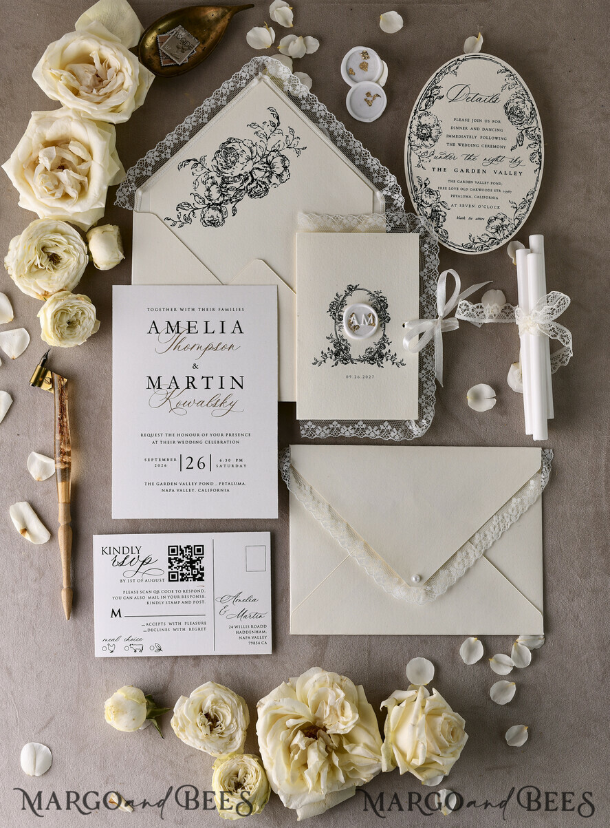 WEDDING INVITATIONS vintage lace/ rustic lace Personalized Golden Wedding invitations Vintage Lace Invites Ivory