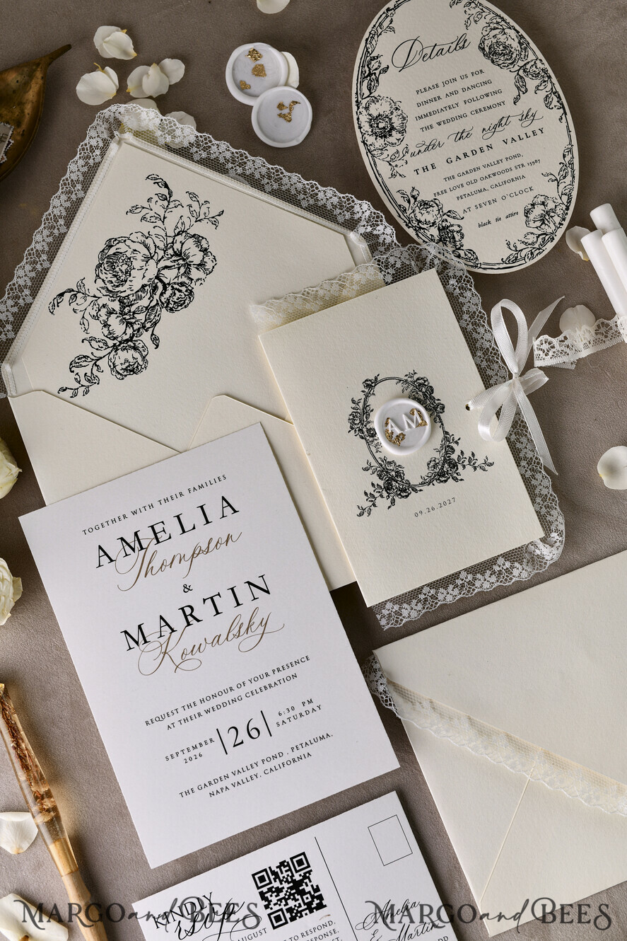 WEDDING INVITATIONS vintage lace/ rustic lace Personalized Golden Wedding invitations Vintage Lace Invites Ivory