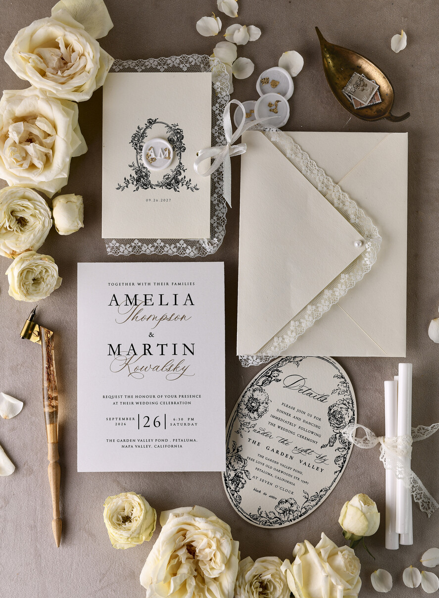 WEDDING INVITATIONS vintage lace/ rustic lace Personalized Golden Wedding invitations Vintage Lace Invites Ivory