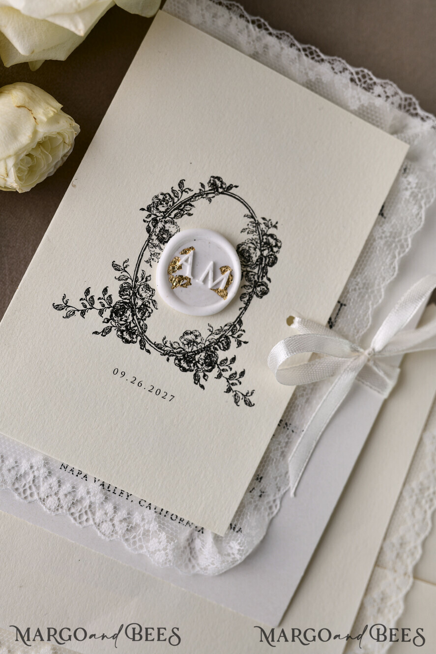 WEDDING INVITATIONS vintage lace/ rustic lace Personalized Golden Wedding invitations Vintage Lace Invites Ivory