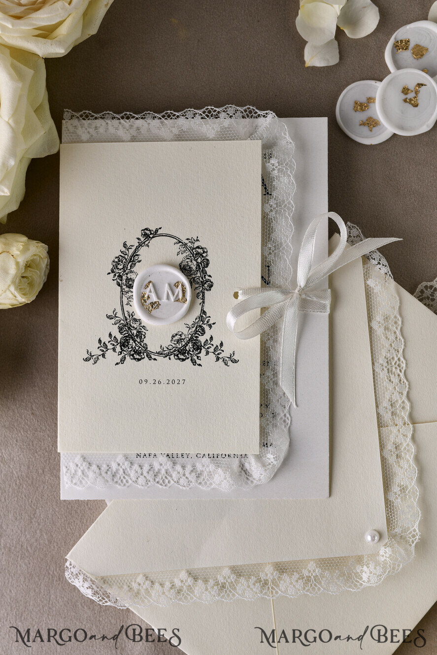 WEDDING INVITATIONS vintage lace/ rustic lace Personalized Golden Wedding invitations Vintage Lace Invites Ivory