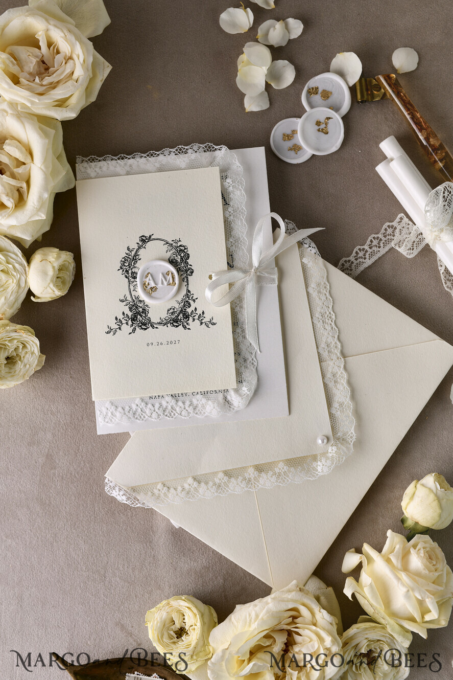 WEDDING INVITATIONS vintage lace/ rustic lace Personalized Golden Wedding invitations Vintage Lace Invites Ivory