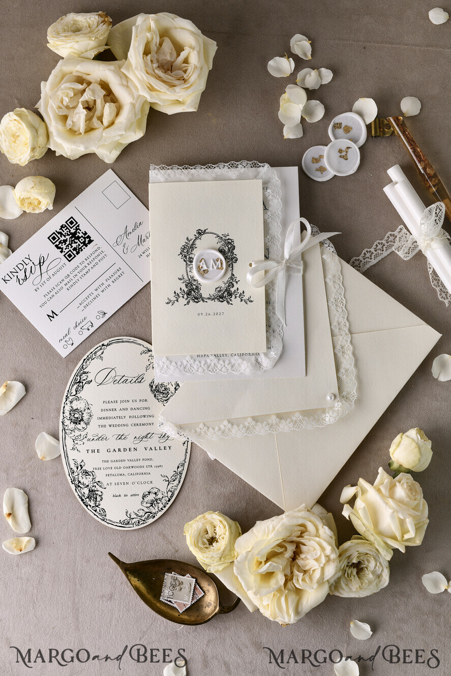 WEDDING INVITATIONS vintage lace/ rustic lace Personalized Golden Wedding invitations Vintage Lace Invites Ivory