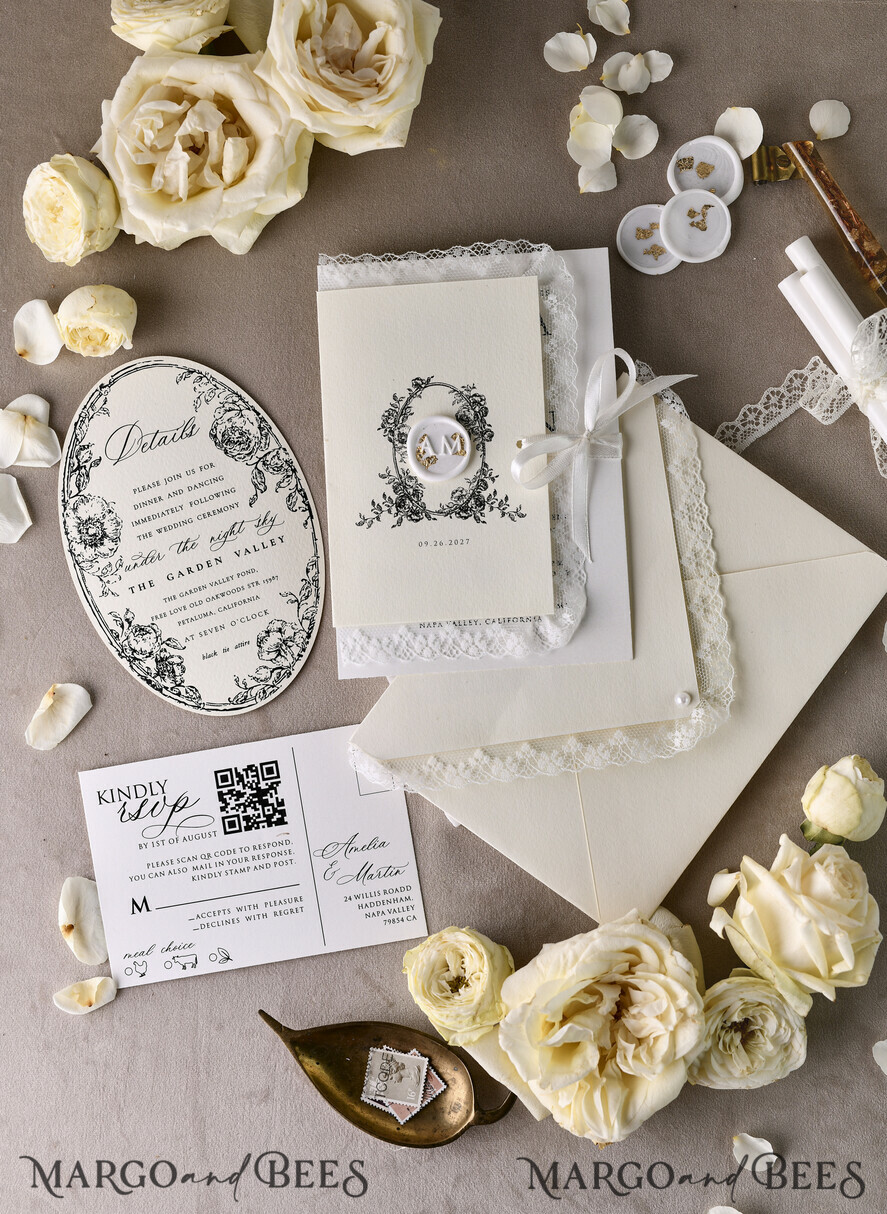 WEDDING INVITATIONS vintage lace/ rustic lace Personalized Golden Wedding invitations Vintage Lace Invites Ivory