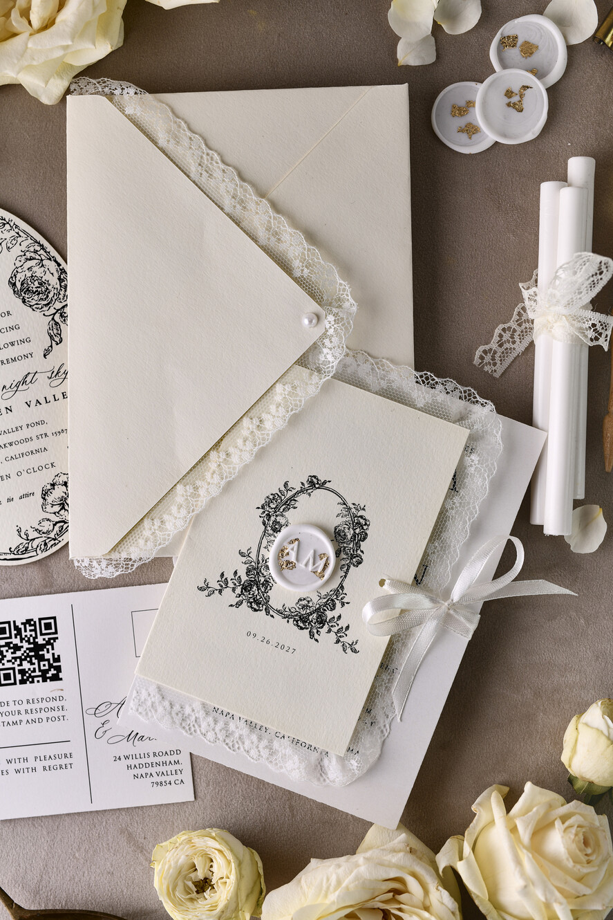WEDDING INVITATIONS vintage lace/ rustic lace Personalized Golden Wedding invitations Vintage Lace Invites Ivory