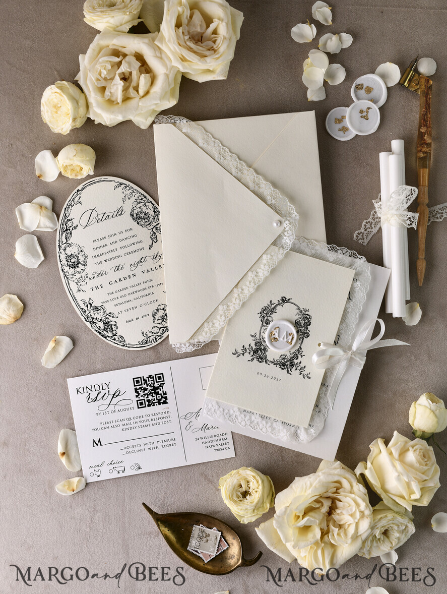 WEDDING INVITATIONS vintage lace/ rustic lace Personalized Golden Wedding invitations Vintage Lace Invites Ivory