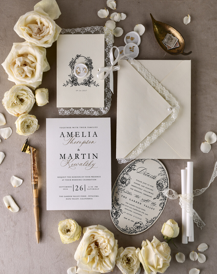 WEDDING INVITATIONS vintage lace/ rustic lace Personalized Golden Wedding invitations Vintage Lace Invites Ivory