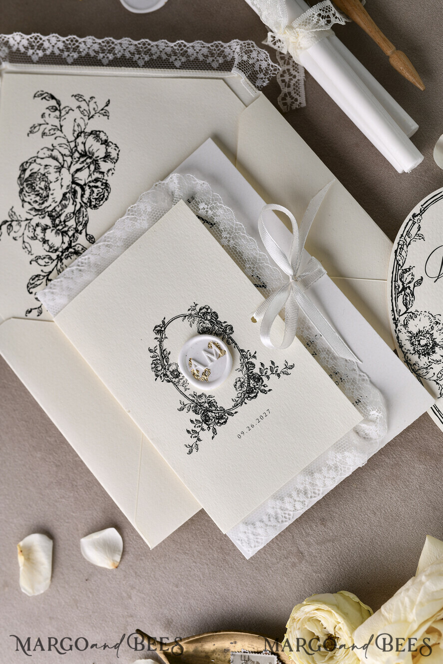WEDDING INVITATIONS vintage lace/ rustic lace Personalized Golden Wedding invitations Vintage Lace Invites Ivory
